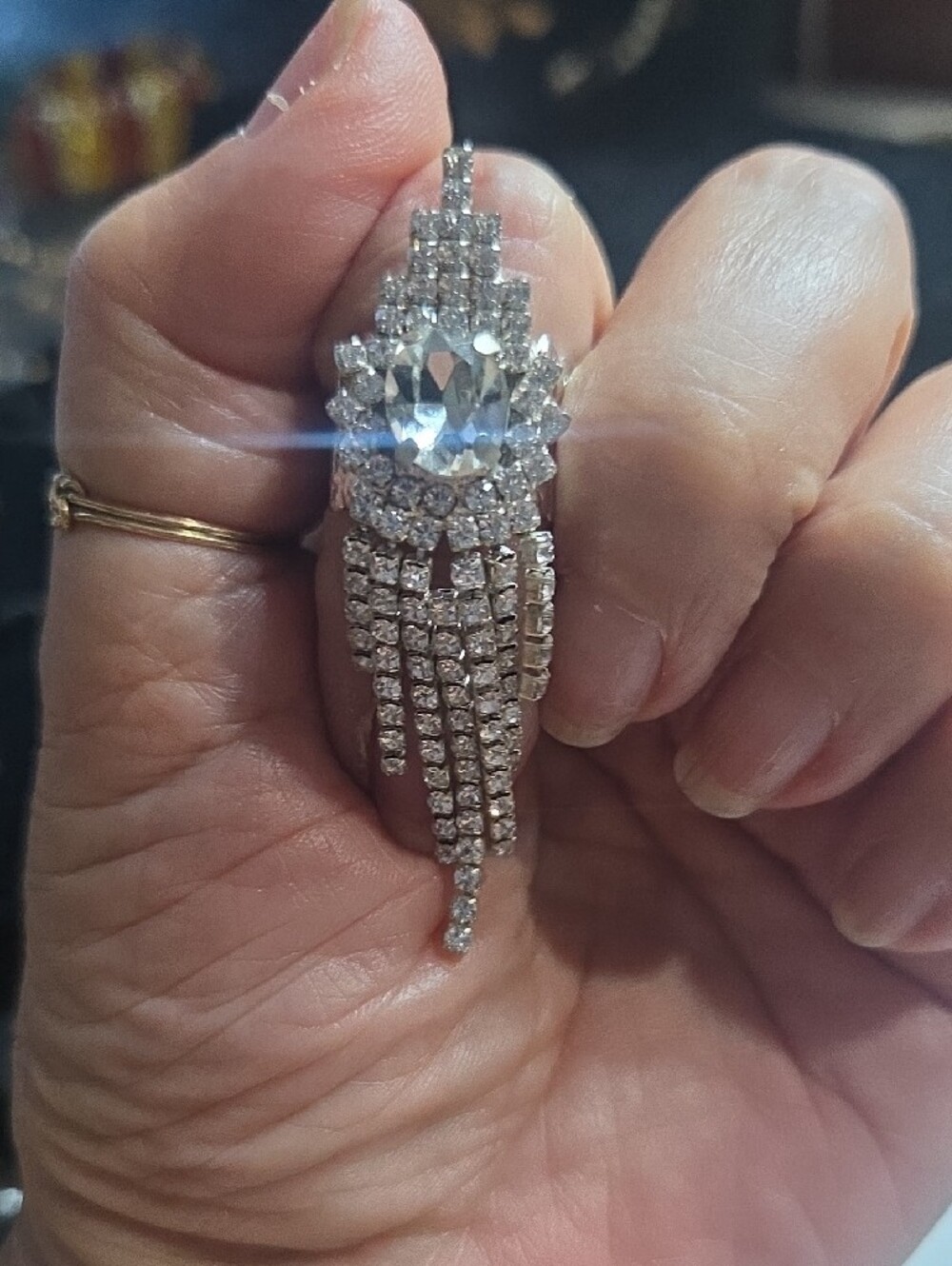 Crystal Fringe Drop Ring in Clear Gold Tone Adjustable Upcycle Vintage
